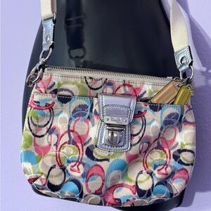 Coach Multicolor Crossbody Bag in blues and pinks over white, Silver Accents